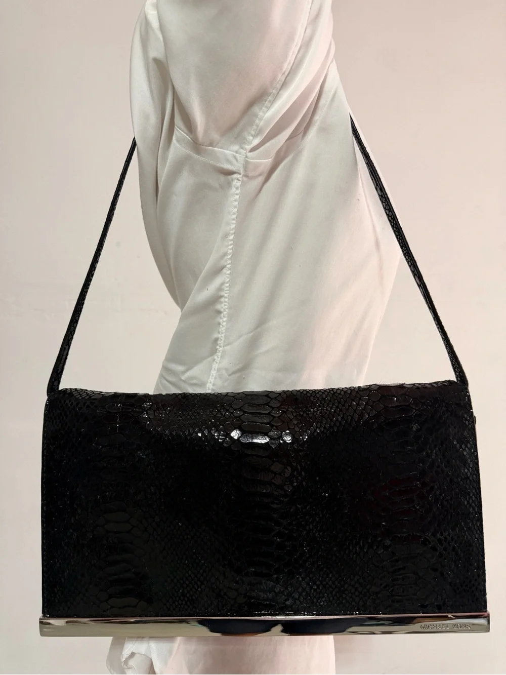 Michael Kors Black Embossed Snakeskin Clutch with Metallic Trim